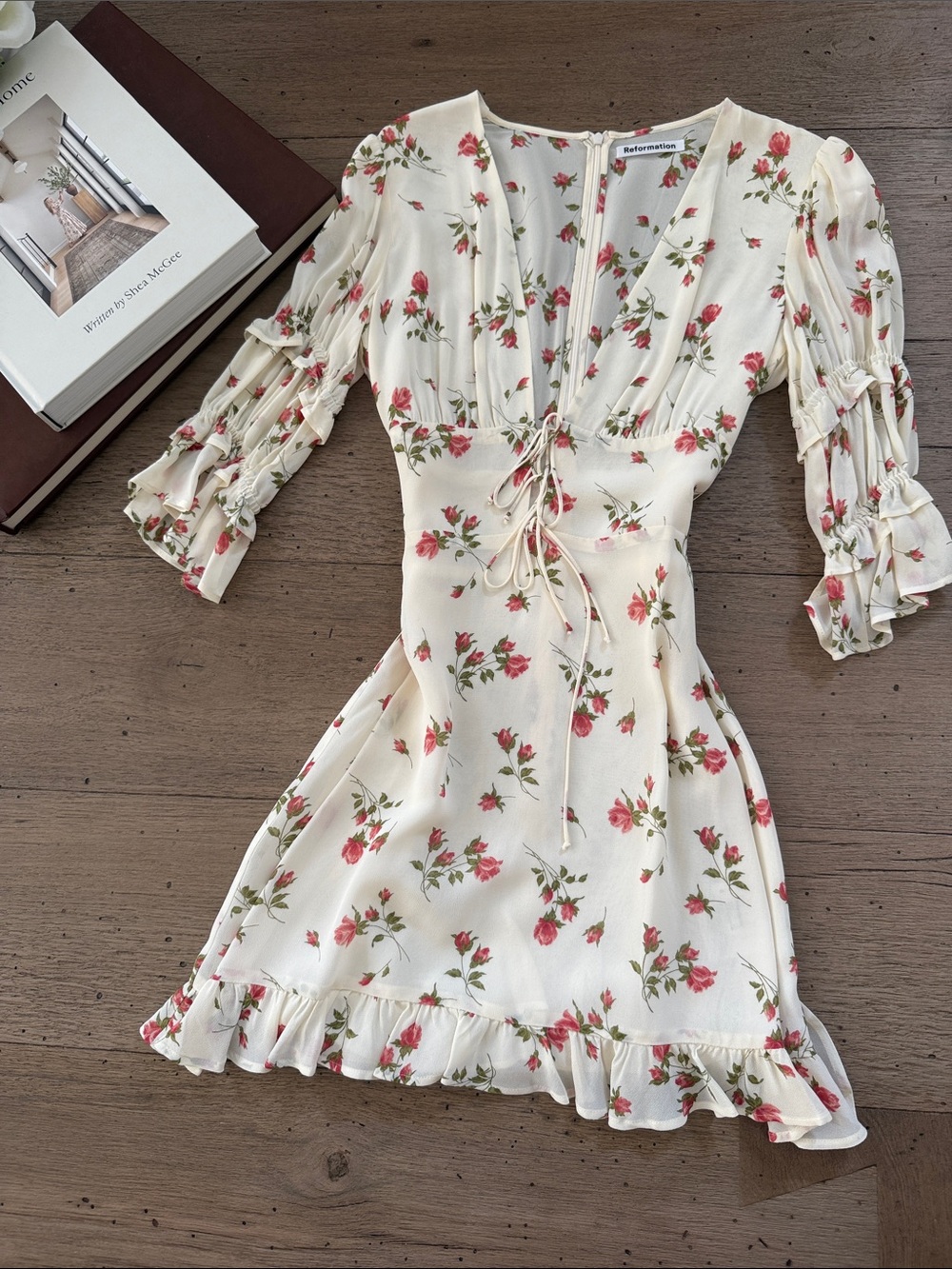 Reformation Cream Mini Dress with Pink Rose Print